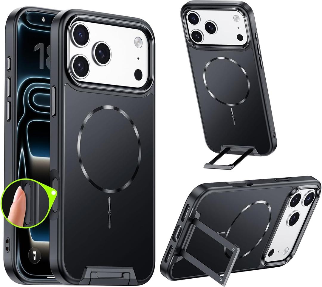 Magnetic & Seamless Stand for iPhone 17 Pro Case, Telescoping Handle Invisible Adjustable Kickstand & Ring Holder,Fit for MagSafe,Camera Control,Premium Matte Phone Case for 17 Pro(Black)
