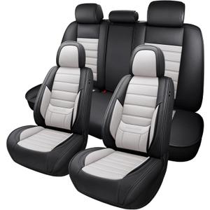 MINGBRON Car Seat Covers Full Set,Black White Car Seat Cover, Car Seat Protector Waterproof, Nappa Leather Car Seat Cushion, Fit for Most Cars