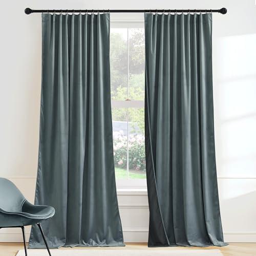 RYB HOME Dusty Blue Velvet Drapes for Baby Boy Bedroom, Thermal Insulated, Light Blocking, Floor-Length Velvet Curtains with Hook Belt for Modern Home Decor, 52" W x L90 L, 2 Panels Set