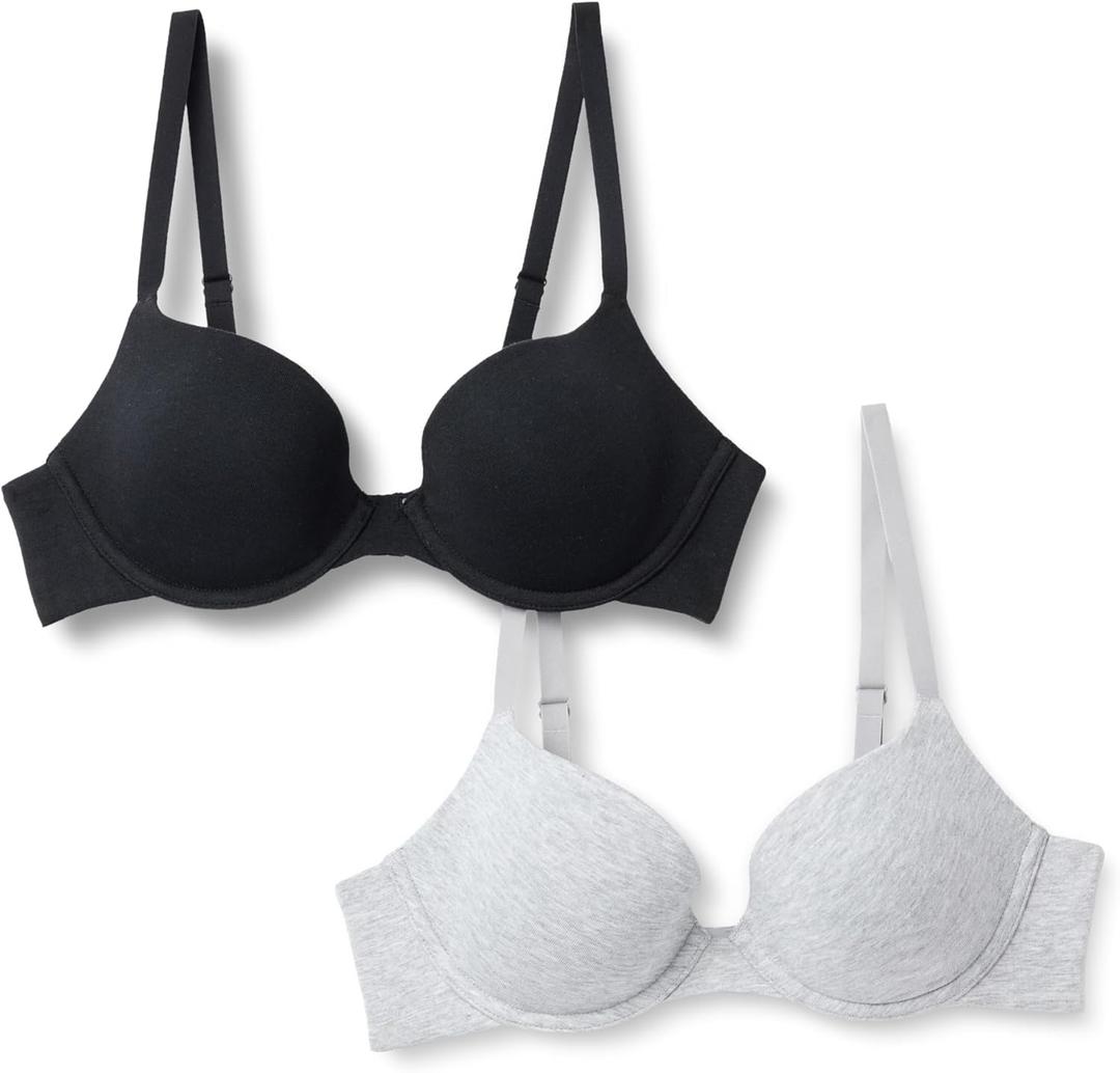 Amazon Essentials Women's Cotton Jersey Lined Wired Plunge Push-Up Bra, Pack of 2 (34D, Black/Grey Heather)