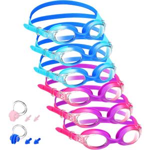 Macarrie 6 Pcs Kids Swim Goggles No Leaking Anti Fog Swimming Goggles for Kids Boys Girls with Nose Clip Earplugs, Age 3-14