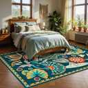 Joydeco Egypt Floral Machine Washable Living Room Area Rugs 5x7, Boho Vintage Dark Green Rug for Bedroom Nursery, Non Slip Ultra-Thin Throw Carpet for Playroom Dining Room Classroom