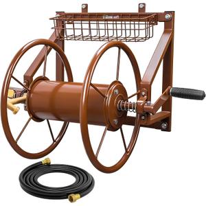 Upgrade Wall Mounted Garden Hose Reel, Holds 135 ft of 5/8-inch Hose, Outdoor Water Hose Holder Winder, Space-Saving Design with Brass Fitting for Yard Lawn (Holds 135ft)