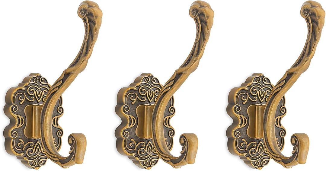 Vintage Coat Hooks Wall Mount, Unique Heavy Duty Wall Hooks for Hanging Towel Key Purse Hat Robe Clothes Decorative Hook for Bathroom Shower Closet Entryway Antique Brass 3 Pack