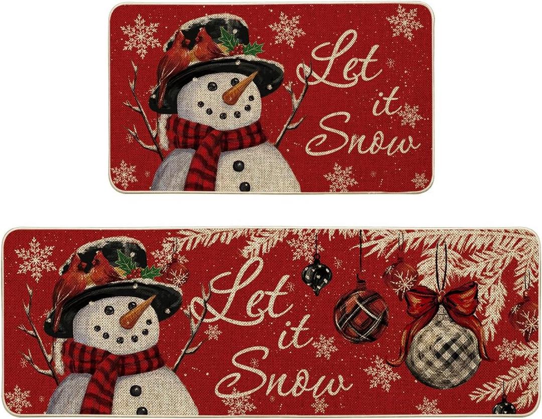 Artoid Mode Snowman Let It Snow Snowflake Christmas Kitchen Mats Set of 2, Winter Home Decor Low-Profile Kitchen Rugs for Floor - 17x29 and 17x47 Inch (Red)