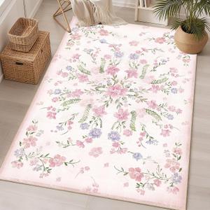 Pink Floral Rug 3x5 Washable Area Rugs for Bedroom Living Room Kitchen Entryway Bedside,Boho Vintage Farmhouse Bohemian Oriental Non Slip Carpet,Small Blush Flowers Decor