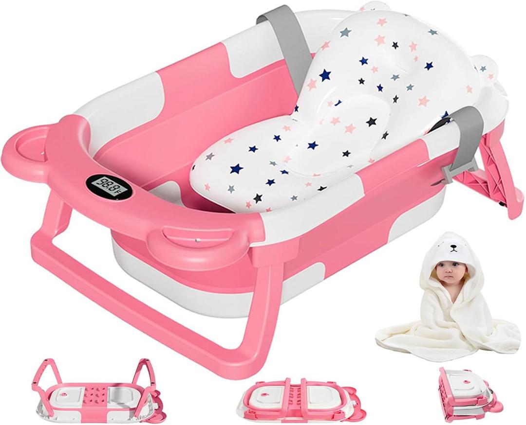MoreFeel Collapsible Baby Bathtub for Newborn with Thermometer & 1 Hooded Towel & 1 Soft Floating Cushion,Portable Travel Bathtub with Drain Hole, Durable Foldable Baby Tubs for Infants to Toddler (Pink)