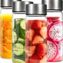 4 Pcs 12oz Glass Juice Bottles with Lids, Wide Mouth Glass Water Bottles with Measurement Markings Reusable Borosilicate Bottle for Juicing Smoothies Beverages, Leakproof Stainless Steel Caps