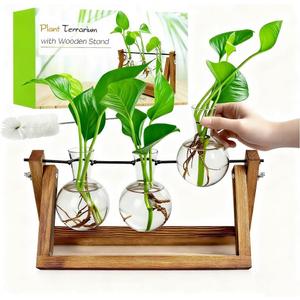 Plant Propagation Station, Plant Terrarium with Wooden Stand, Unique Gardening Birthday Gifts for Women Plants Lovers, Home Office Garden Decor Planter - 3 Bulb Glass Vases