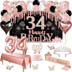 34th Birthday Decorations for Women, 49pcs Black Rose Gold Black Happy 34th Birthday Banner, Tablecloth, Butterfly Decor, Sash and Tiara, Cake Topper, Candles, Balloons Arch