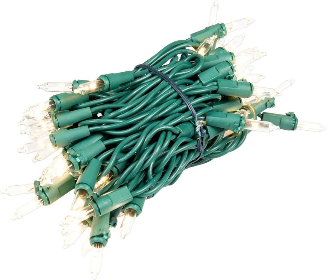 Novelty Lights RetroGlo LED Mini Lights, 50 Clear Bulbs on Green Wire, 11ft with 2.5" Spacing, Incandescent Look with Modern Efficiency, 2700K Warm White Core, Interchangeable Bulbs