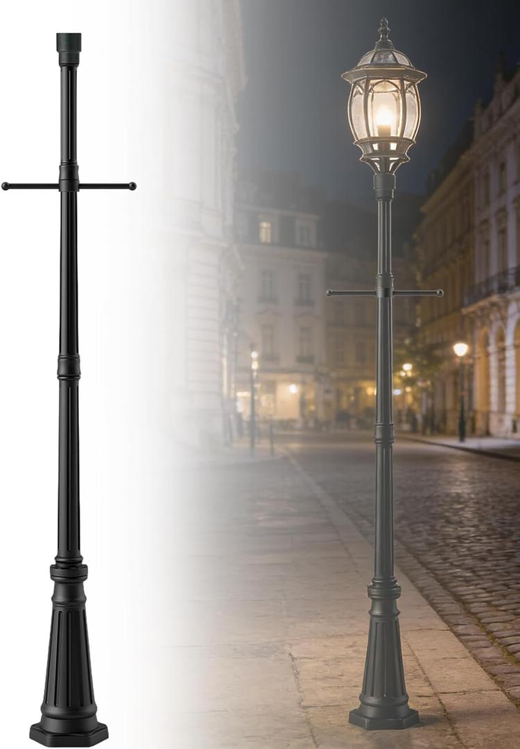 76" Black Cast Aluminum Street Light Pole, 4-Section Adjustable Lamp Post with Crossbars & 3" Universal Adapter Cap for Outdoor Porch, Patio, Yard, Garden, Driveway (Light Not Included)