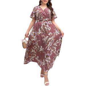 MakeMeChic Women's Plus Size Boho Floral Maxi Dress Curvy Short Sleeve Shirred Squared Neck Flomal Long Dress (XX-Large Plus)