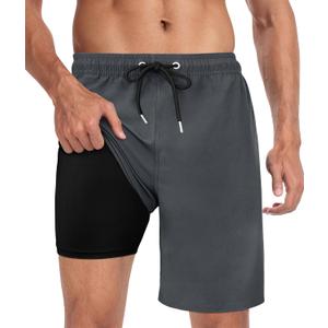 Mens Swim Trunks with Compression Liner 2 in 1 Quick Dry Swimming Shorts Swimwear Bathing Suits with Pockets (Medium)
