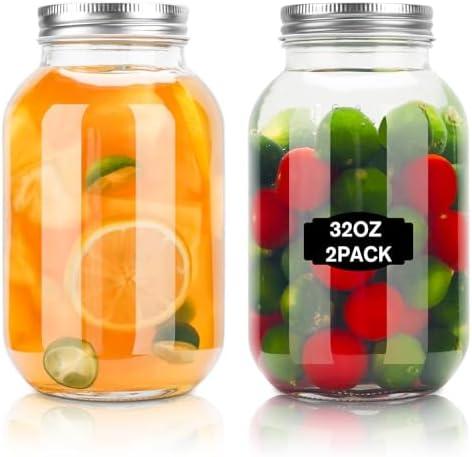 ODDMUCK Glass Mason Jars, 2 Pack 32oz Clear Glass Regular Mouth Canning Jars with Lids for Sealing, Ideal for Food Storage, Snacks, Candies, Jam, Honey, Wedding Favors, Shower Favors, DIY Projects