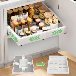 1 Pack Pull out Cabinet Organizer, Width (12"-19") Depth (16"-22"), with 3 Rails Adjustable Slide, Expandable Pullout Drawers for Cabinets, No Drill Adhesive Kitchen Drawers for Shelves (White)