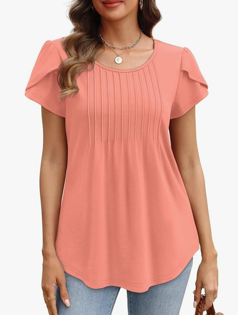 OFEEFAN Womens Tops Tulip Short Sleeve Blouses Pleated Front Summer Beach Vacation Outfits L Pink
