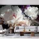 White Peony Flower and Black Background Wallpaper for Bedroom Wall Decor (Not Peel and Stick) (M03)