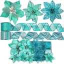 Winlyn 26 Set 3 Style Christmas Glitter Poinsettia Flowers Picks Xmas Tree Ornaments and 2 Rolls 20 Yards Decorative Wired Ribbon for Christmas Tree Wreath Garland (Teal)