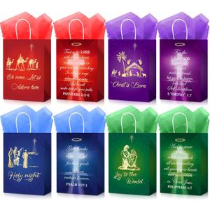 Pasimy 48 Pcs Christmas Nativity Gift Bags 24 Paper Christian Religious Favor Bags with 24 Tissues Bible Verse Treat Bag for Christmas Nativity Religious Party Decorations Supplies