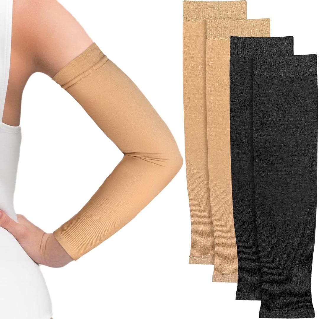 2 Pairs Full Forearm Tattoo Cover Up Compression Sleeves Band Concealer Support UV Arm Sleeves for Women Men (Black, Nude)