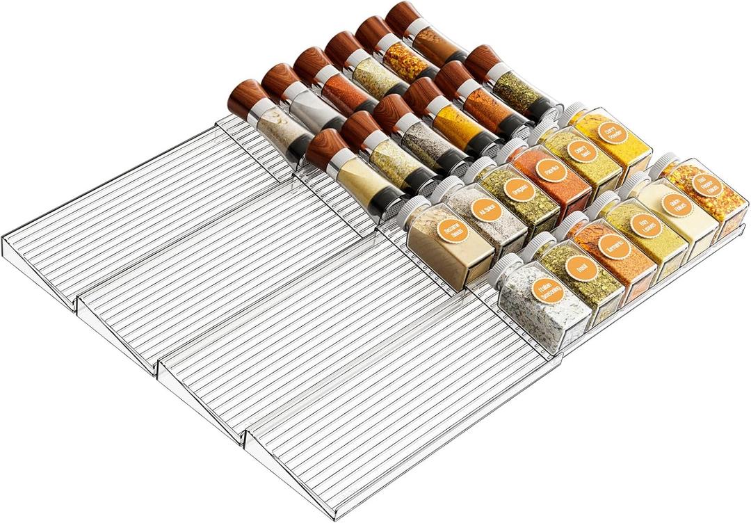 Yieach 4 Tier- 4 Set Acrylic Drawer Spice Organizer - Expandable From 11'' to 22'' Seasoning Drawer Organizer,Clear Spice Drawer and In Drawer Spice Rack,Jar,Spice Organization for Cabinet Drawer