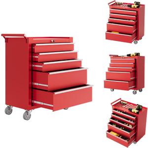 Rolling Tool Chest with Wheels, 5 Drawer Tool Storage Cabinet, Portable Toolbox Organizer with Lock, Heavy Duty Tool Chest Cart for Garage, Mechanic, Workshop, Shop, Mobile Tool Organizer, Red