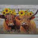 Highland Cow Canvas Wall Art Farmhouse Animal Painting Sunflower on Cow Head Picture Wood Background Poster Artwork for Bathroom Home Office Decor Framed - 16.00"x24.00"