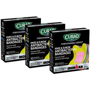 CURAD Performance Series IRONMAN Antibacterial Bandages, Extreme Hold Adhesive Technology, Knee & Elbow 3 inches x 3 inches, 10 Count, Ideal for Cuts, Scrapes, Sports, and Active Lifestyles, Pack of 3