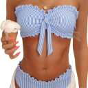 Floerns Women's 2 Piece Striped Bikini Sets Tie Front Bandeau Swimsuit Frill Trim Bathing Suit, Small