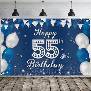 JOYKY Happy 55th Birthday Banner, Blue Silver Happy 55th Birthday Party Decorations for Men, 55 Year Old Birthday Supplies Backdrop Décor, 5.9 X 3.8 Fts