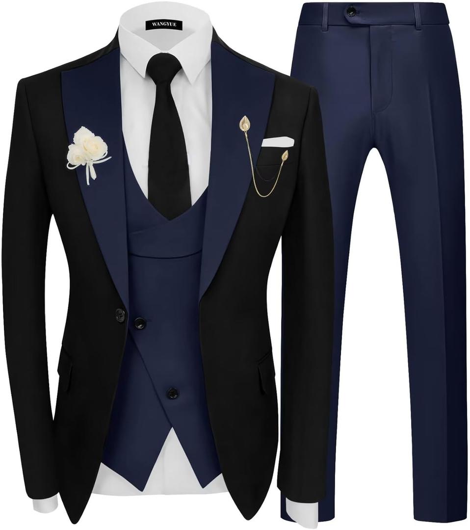 Wangyue 3 Piece Men's Suit Slim Fit Tuxedo for Men Wedding Prom Suits for Men Double Breasted Suit Blazer Vest Pants Sets (Medium, Navy)