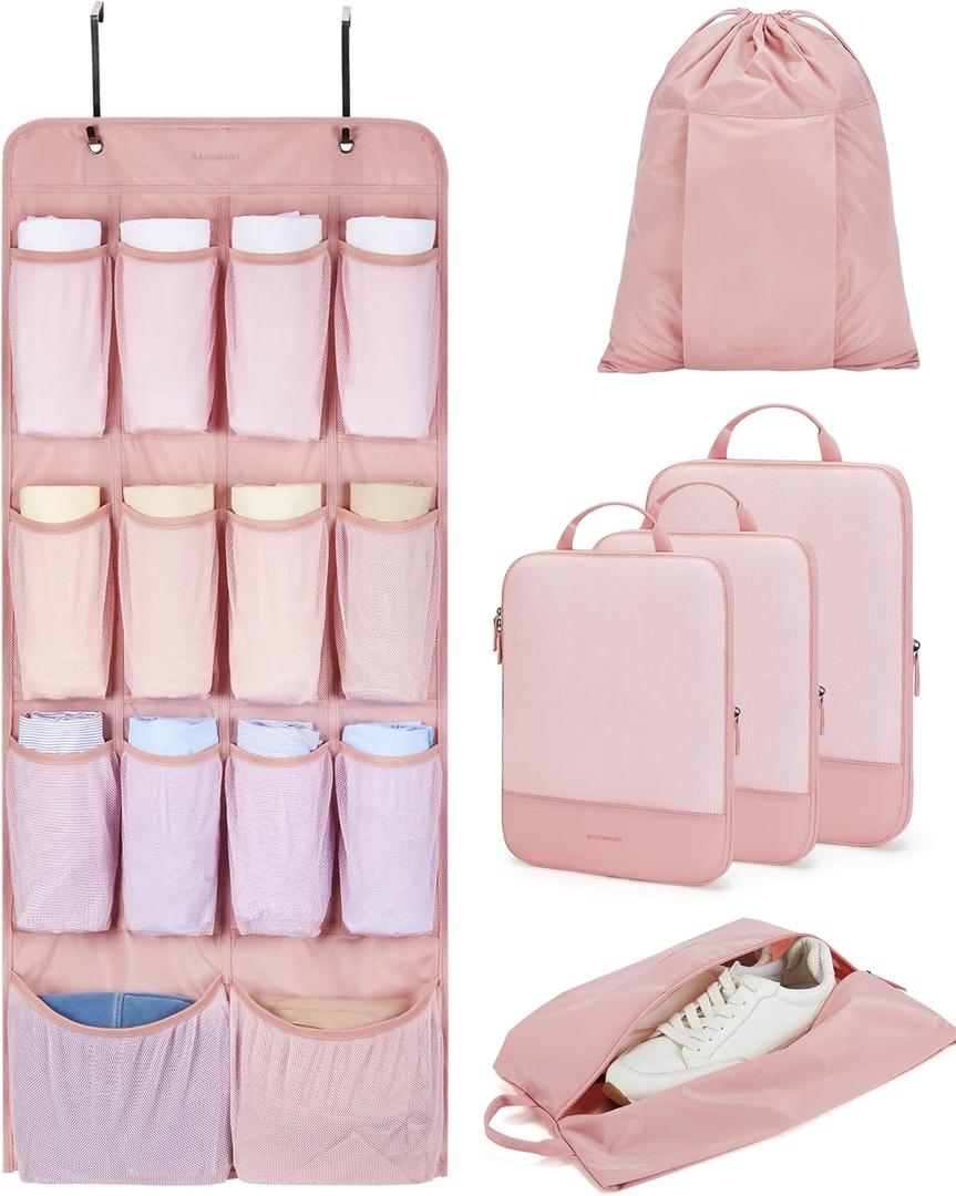 BAGSMART Hanging Compression Packing Cubes for Closet Organizers And Storage, 6 Set Suitcase Organizer Bags Set, Cruise Travel Essentials for Women | Hanging, Compression, Packing Cubes, for Women (Baby Pink)