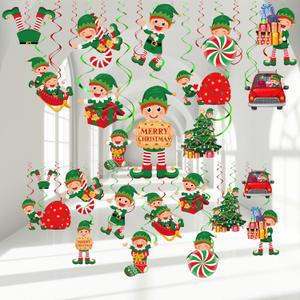 Zomiboo 53 Pcs Christmas Hanging Swirls Decorations Christmas Candy Gingerbread Man Truck Red Cardinals Christmas Ceiling Decor Ornaments for Christmas Tree Xmas Holiday Party Supplies(Elf)