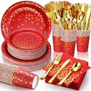 Sieral 560 Pcs Red and Gold Party Supplies Serve 80 Guests, Disposable Paper Plates Napkins Cups Gold Plastic Forks Knives Spoons for Graduation Wedding Birthday Party Dinnerware Set(Bright Red)