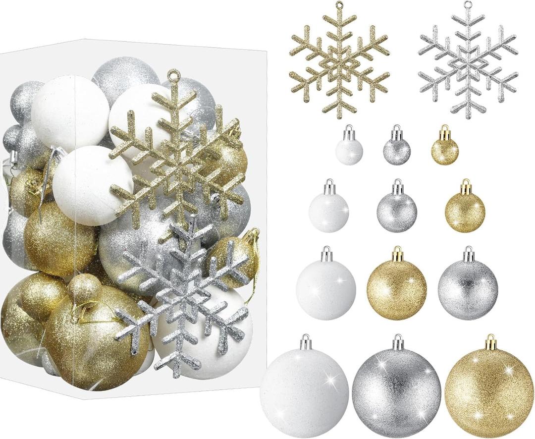 Syhood 62 Pcs Glitter Christmas Ball Ornaments Bulk Plastic Glitter Snowflakes Shatterproof Christmas Tree Ornament Set for Xmas Holiday Party Decorations(Gold, Silver, White)
