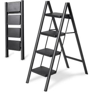 4-Step Folding Ladder, Heavy Duty Ladders for Home & Kitchen, Folding Ladder Easy to Store, Tall Ladder for Adults, Anti-Slip & Space-Saving Step Ladder, 330 Lbs Capacity