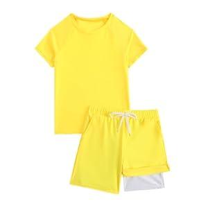 Boys Shorts Sets Neno 2 Piece Shirt and Shorts with Pockets & Compression Liner Kids Athletic Swimsuit Outfit (Medium)