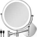 8.5 Inch Rechargeable Wall Mounted Lighted Makeup Mirror, Double-Sided 1X/10X LED Magnifying Vanity Mirror with Lights, 3 Color Lights Touch Screen Dimmable 360Swivel 18 Inch Extendable - Chrome