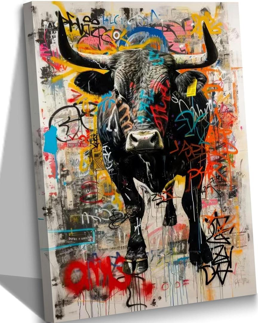 Bull Street Graffiti Canvas Wall Art Picture Animal Poster Print Modern Men Graffiti Painting Interesting Wall Decor Home Decoration for Living Room Bedroom Office 16x24in Framed
