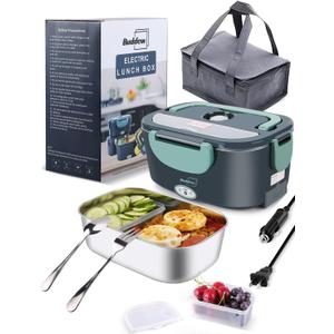 Buddew Electric Lunch Box 80W Food Heater for Adults, 12/24/110V Portable Lunch Warmer Upgraded Heated Lunch Box for Car/Truck/Office with SS Fork&Spoon and Insulated Carry Bag (Green)