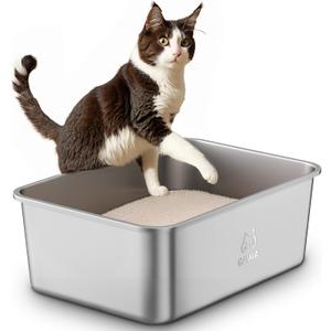 Stainless Steel Litter Box with Handle, Large Metal Cat Litter Box with High Sided for Big and Small Cats, Kitty Litter Boxes, Non-Stick, Easy to Clean, Odor-Free, Cat ToiletLitterbox (19.5"L13.6"W7.8"H)