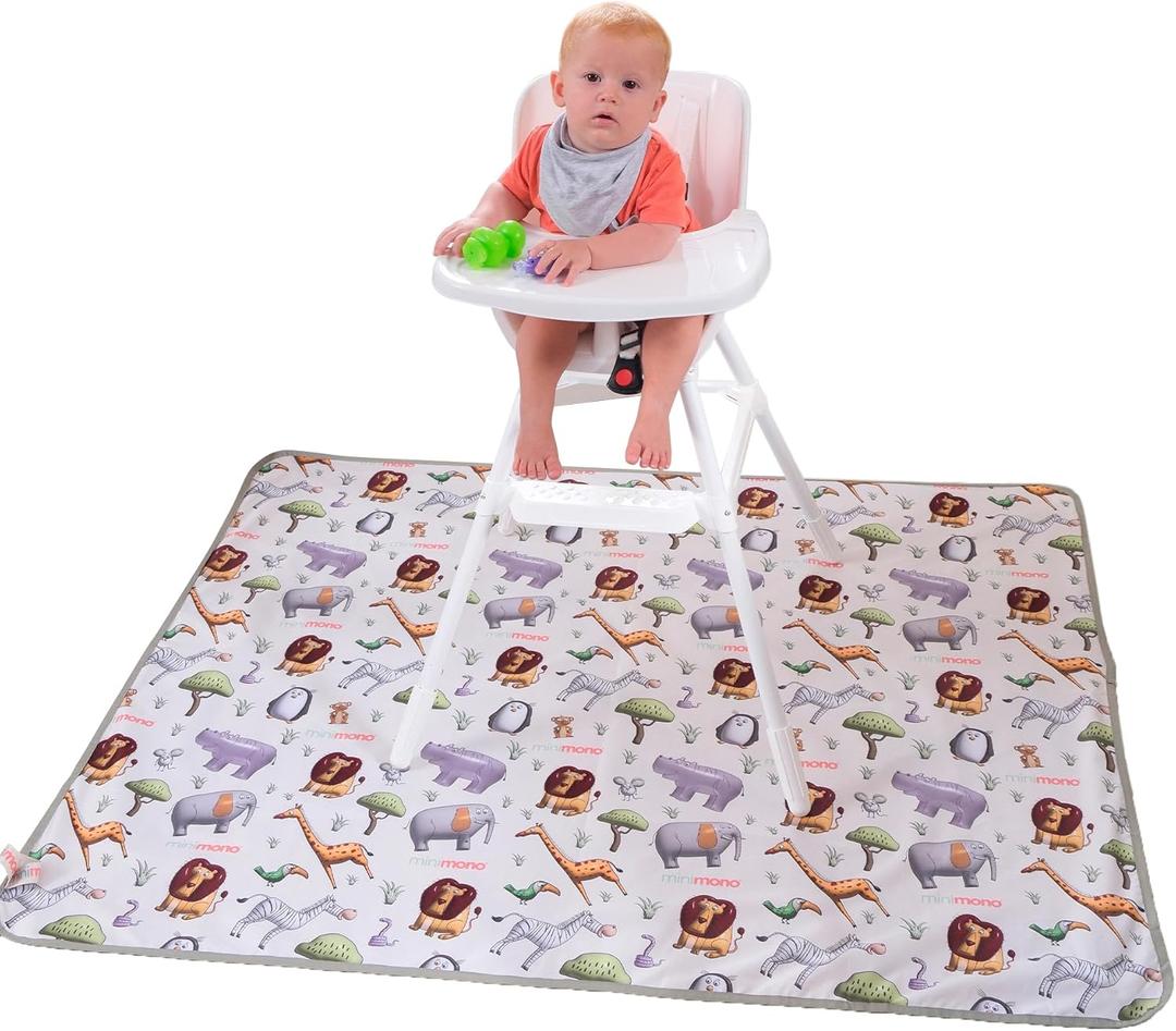 Minimono Baby Splat Mat for Under High Chair, Arts and Crafts - 47"x57" Washable Waterproof Activity Mats and Floor Protector Anti Splash Spill Mat for Baby Led Weaning - BLW Supplies (Safari Animals)