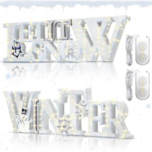 Jetec 2 Pack Winter Tabletop Signs with LED Lights, Wooden Winter & let It Snow Decor for Tiered Tray, Mantel & Shelf Wonderland Party (Blue/White)(Silver White)
