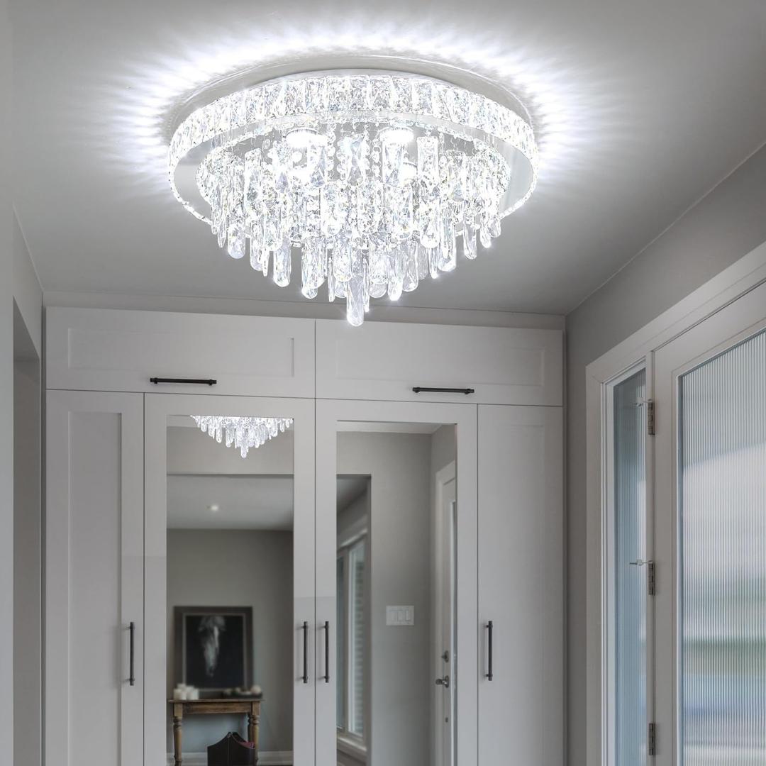 Dia 20" Modem Crystal Chandelier Silver Bedroom Chandelier LED Dimmable Raindrop Crystal Chandeliers Flush Mount Ceiling Light for Foyer Living Room Dining Room