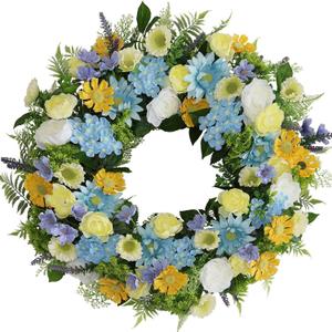 Faux Silk Flower Spring Summer Easter Wreath 24-26" for Front Door  White Ranunculus Yellow Daisy Blue Hydrangea Green Eucalyptus Leaves  Farmhouse Front Porch Wreath, Outdoor Indoor Use