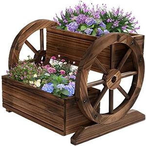 OIPRTGFJ Wooden Wagon Planter Box, Garden Planter with Wheels,Decorative Planter for Flowers Herbs Vegetables for Indoor & Outdoor Décor, Flower Cart for Patio Garden Balcony