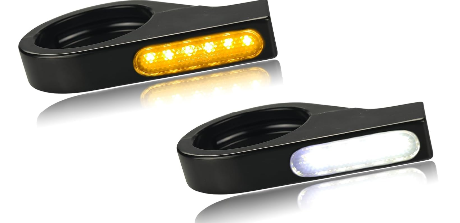 Motorcycle Front Fork Turn Signals LED Running Lights 41mm Mounting Holes Amber Blinkers 12V Indicators Compatible with Harley Dyna Honda Kawasaki Yamaha Suzuki (Black)