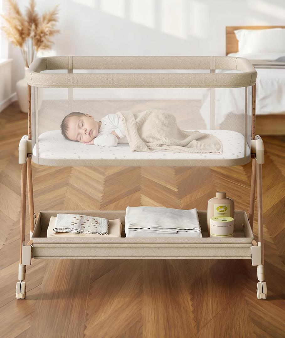 Fodoss Baby Bassinets Bedside Sleeper - 3-in-1 Baby Bassinet with Wheels, Soft Mattress, Storage Tray, Full-Mesh Sides, 7-Height Adjustable Crib for Newborns