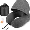 Neck Pillow for Travel, Memory Foam Travel Pillow with Hood, Adult Airplane Pillow for Head Rest Neck Support, Portable Pillow for Office Cars Trains Long Flights Sleeping (Deep Grey)